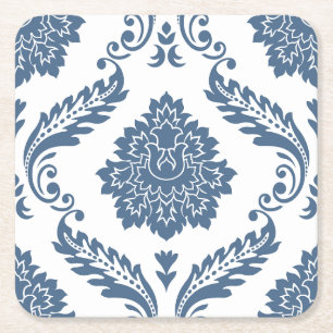 Rococo Damask Lg Pattern Blue on White Square Paper Coaster