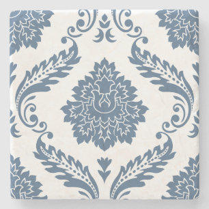 Rococo Damask Lg Pattern Blue on White Stone Coaster