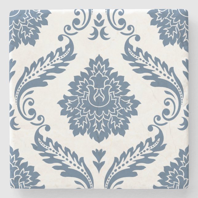 Rococo Damask Lg Pattern Blue on White Stone Coaster (Front)