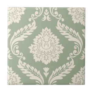 Rococo Damask Lg Pattern Cream on Green Ceramic Tile