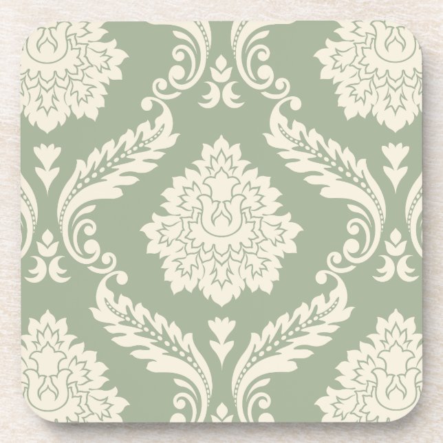 Rococo Damask Lg Pattern Cream on Green Coaster (Front)