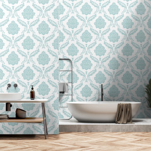 Rococo Damask Lg Pattern Duck Egg Blue on White Wallpaper