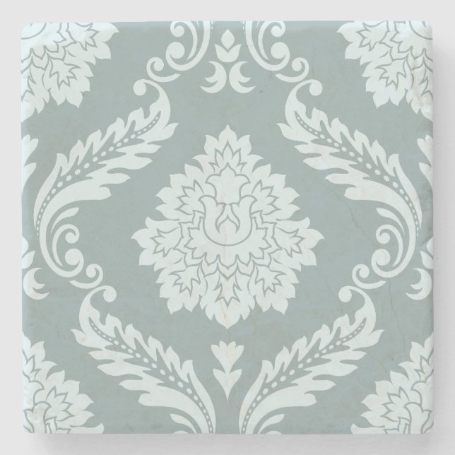 Rococo Damask Lg Pattern Duck Egg Blue+Teal Stone Coaster (Front)