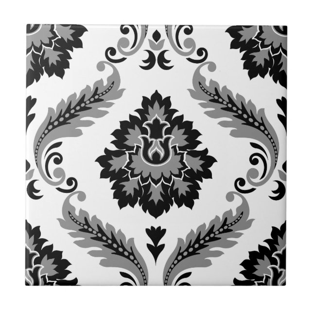 Rococo Damask Lg Pattern Grey Black White Ceramic Tile (Front)