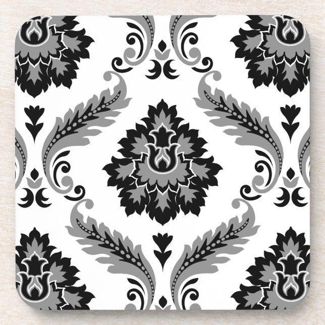 Rococo Damask Lg Pattern Grey Black White Coaster (Front)