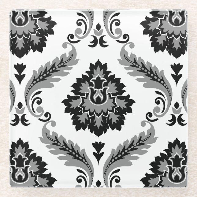 Rococo Damask Lg Pattern Grey Black White Glass Coaster (Front)