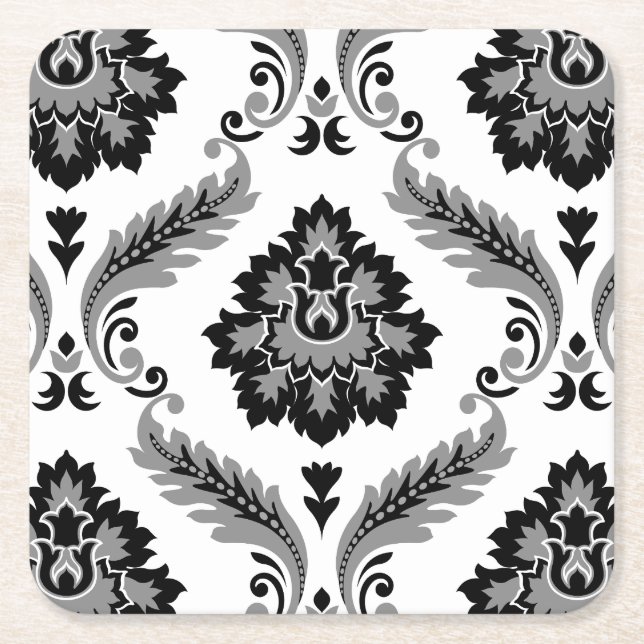 Rococo Damask Lg Pattern Grey Black White Square Paper Coaster (Front)