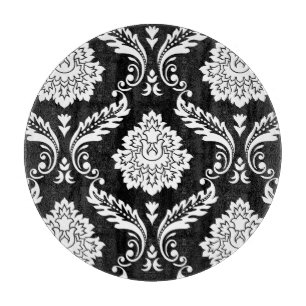 Rococo Damask Lg Pattern White on Black Cutting Board