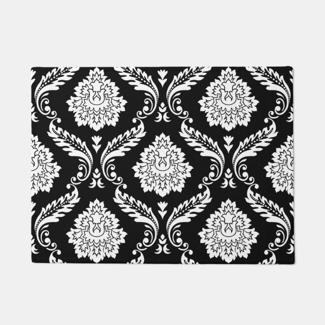Rococo Damask Lg Pattern White on Black Doormat (Front)