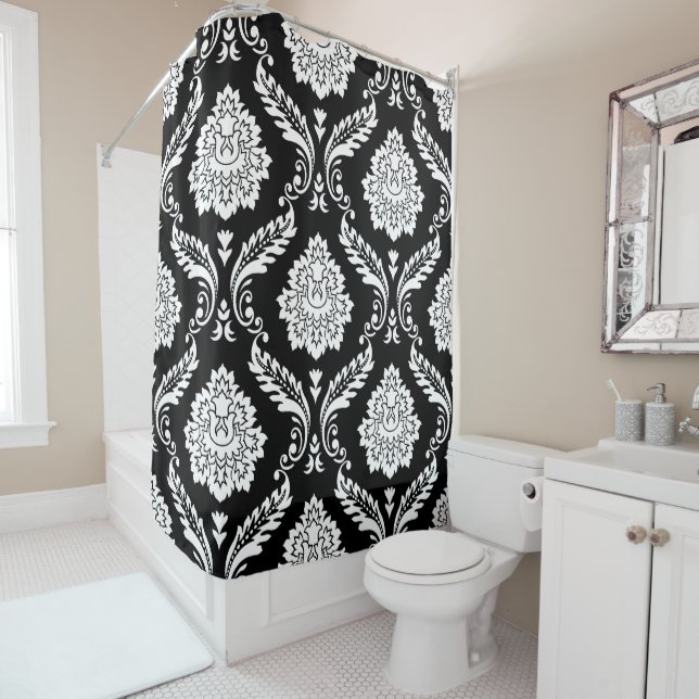 Rococo Damask Lg Pattern White on Black Shower Curtain (In Situ)