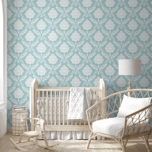 Rococo Damask Lg Pattern White on Duck Egg Blue Wallpaper (Kids)
