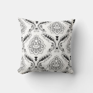 Rococo Damask Line Off-Set Pattern Black on White Cushion