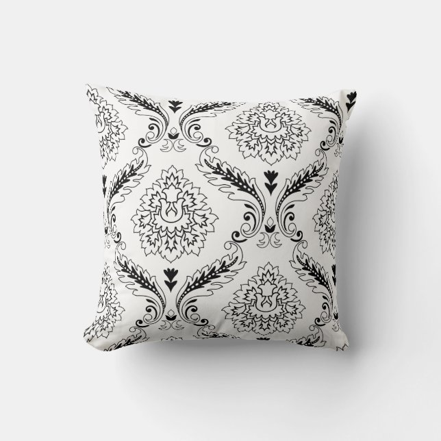 Rococo Damask Line Off-Set Pattern Black on White Cushion (Front)