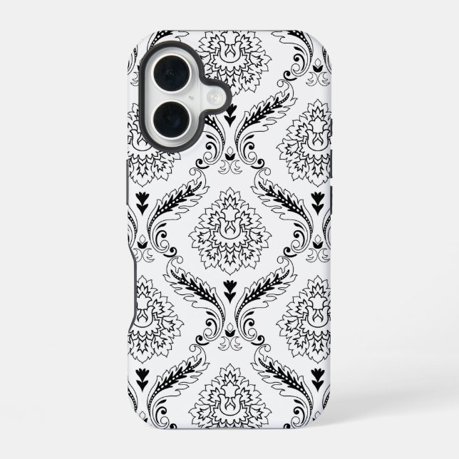 Rococo Damask Line Pattern Black on White iPhone 16 Case (Back)