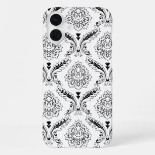 Rococo Damask Line Pattern Black on White iPhone 16 Plus Case