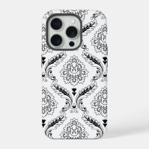 Rococo Damask Line Pattern Black on White iPhone 15 Pro Case