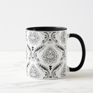 Rococo Damask Line Pattern Black on White Mug