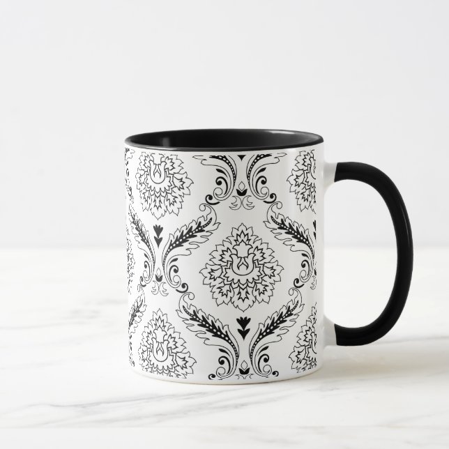 Rococo Damask Line Pattern Black on White Mug (Right)