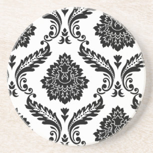 Rococo Damask Off-Set Pattern Black on White Coaster