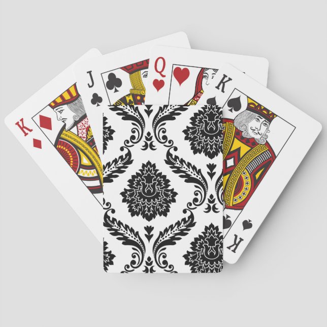 Rococo Damask Off-Set Pattern Black on White Playing Cards (Back)