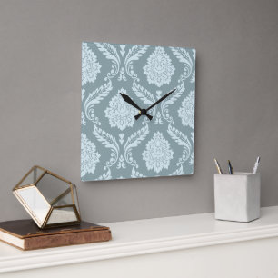 Rococo Damask Off-Set Pattern Duck Egg Blue+Teal Square Wall Clock