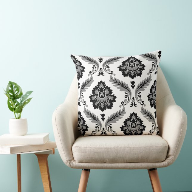 Rococo Damask Off-Set Pattern Grey Black White Cushion (Chair)
