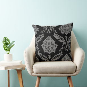 Rococo Damask Off-Set Pattern Grey on Black Cushion