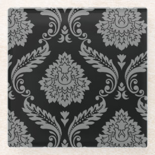 Rococo Damask Off-Set Pattern Grey on Black Glass Coaster
