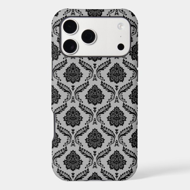 Rococo Damask Pattern Black on Grey (Back)