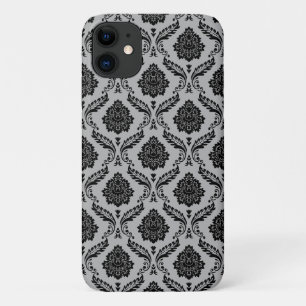 Rococo Damask Pattern Black on Grey iPhone 11 Case