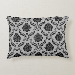 Rococo Damask Pattern Black on Grey Decorative Cushion