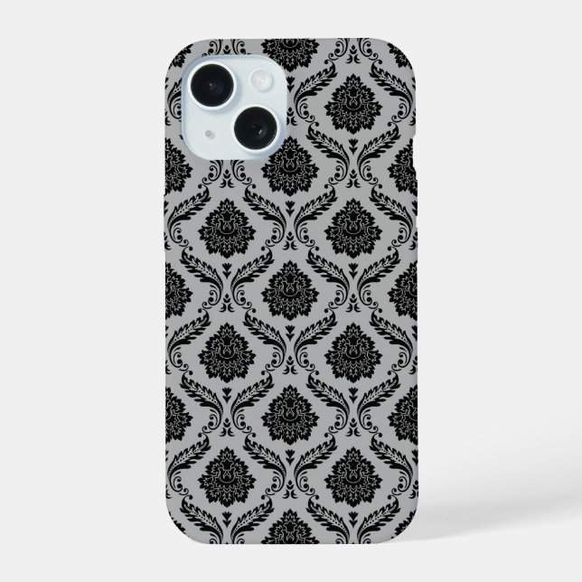 Rococo Damask Pattern Black on Grey iPhone 15 Case (Back)