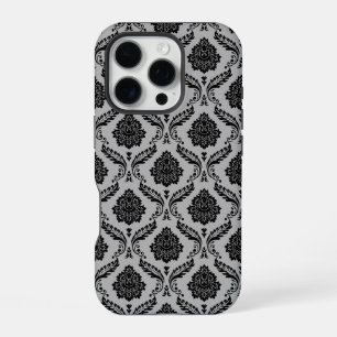 Rococo Damask Pattern Black on Grey iPhone 16 Pro Case