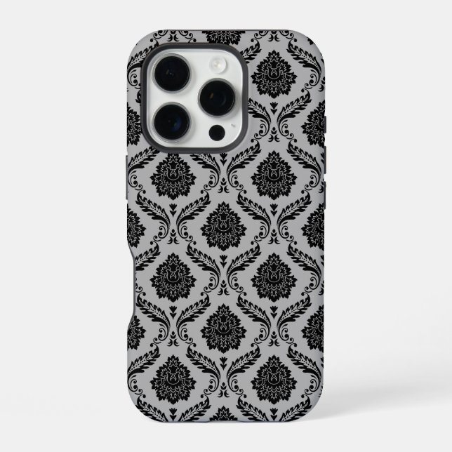 Rococo Damask Pattern Black on Grey iPhone Case (Back)