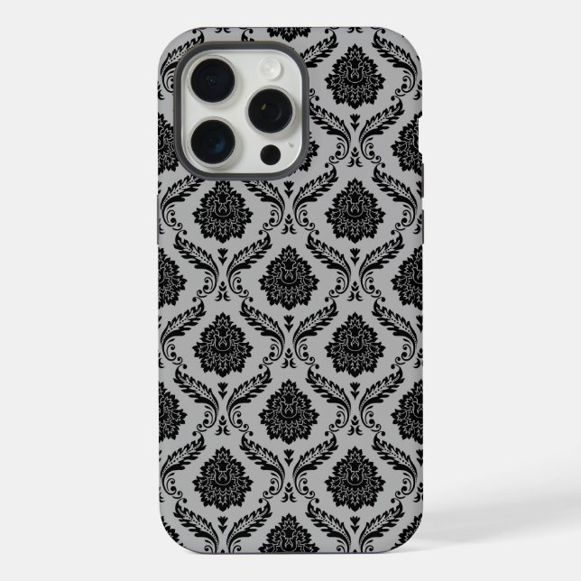 Rococo Damask Pattern Black on Grey iPhone Case (Back)