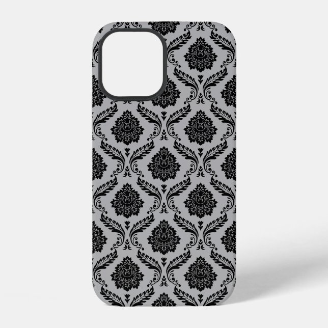 Rococo Damask Pattern Black on Grey iPhone Case (Back)