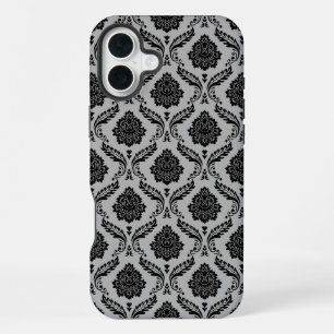 Rococo Damask Pattern Black on Grey iPhone 16 Plus Case