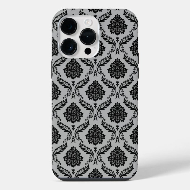 Rococo Damask Pattern Black on Grey iPhone Case (Back)