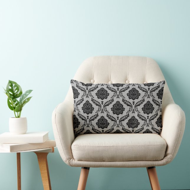 Rococo Damask Pattern Black on Grey Lumbar Cushion (Chair)