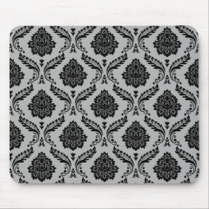 Rococo Damask Pattern Black on Grey Mouse Pad
