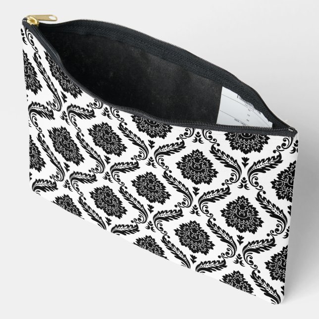 Rococo Damask Pattern Black on White Accessory Pouch (Open)