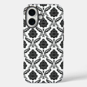 Rococo Damask Pattern Black on White iPhone 16 Case