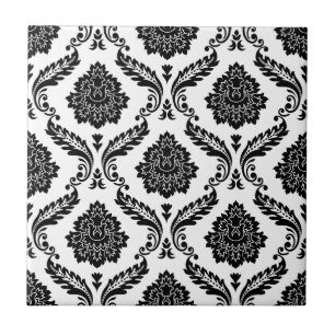 Rococo Damask Pattern Black on White Ceramic Tile