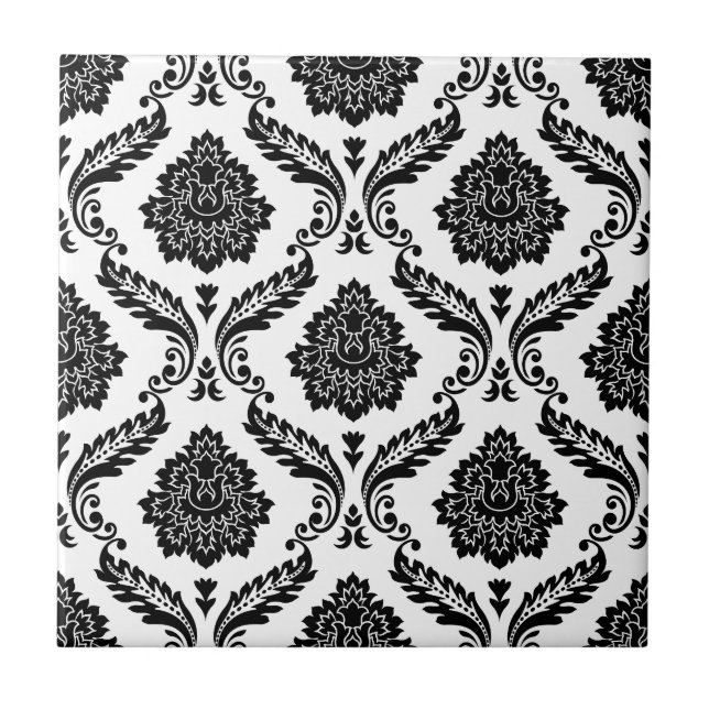 Rococo Damask Pattern Black on White Ceramic Tile (Front)