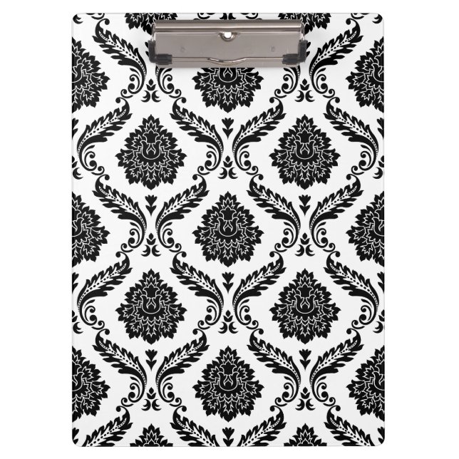 Rococo Damask Pattern Black on White Clipboard (Front)