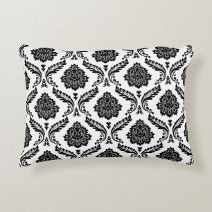 Rococo Damask Pattern Black on White Decorative Cushion
