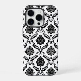 Rococo Damask Pattern Black on White iPhone 16 Pro Case