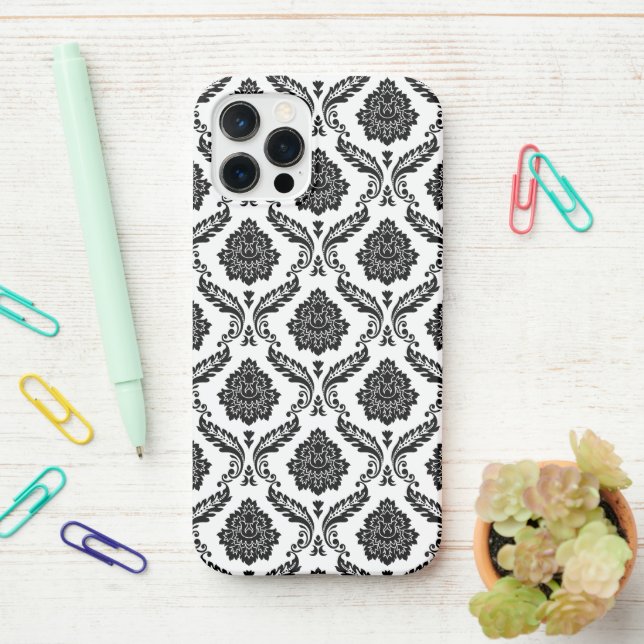 Rococo Damask Pattern Black on White iPhone Case (On Desk)
