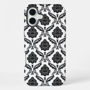Rococo Damask Pattern Black on White iPhone 16 Plus Case