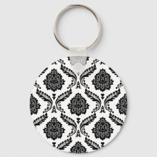Rococo Damask Pattern Black on White Key Ring